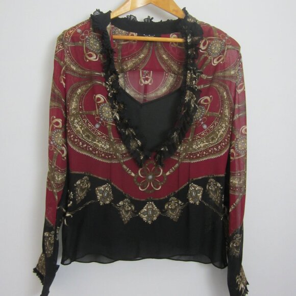 ECI New York Womens 8 Burgudy Purple Black Gold Silk LS V Neck Top Cami 2 Piece - Picture 8 of 9